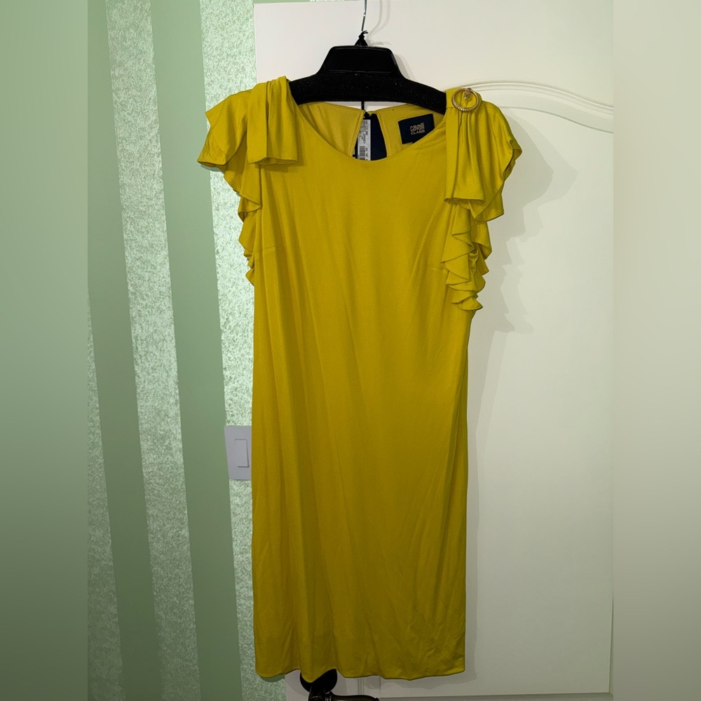 Roberto Cavalli Yellow Mini Dress with Ruffle Sleeves